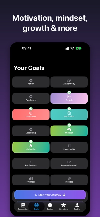 Goals for motivation, mindset, growth and more in dark mode